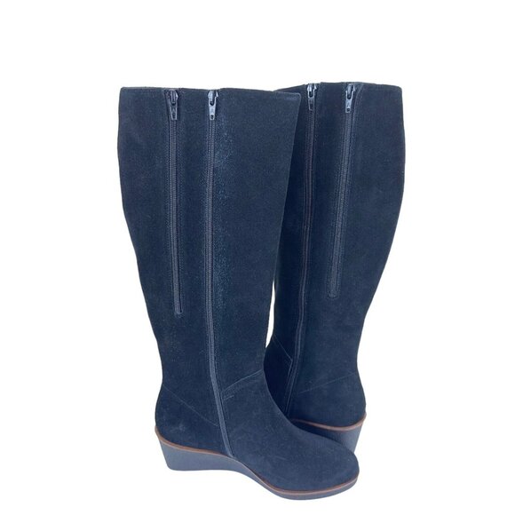 Aerosoles Binocular Women SZ 7W Black Suede Leather Knee Boots-2.5” Wedge Heels - Picture 14 of 16